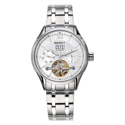 BERNY Automatic Watch for Men Auto Self-wind Mechanical Watches Date Skeleton 5ATM Luxury Male Wristwatches