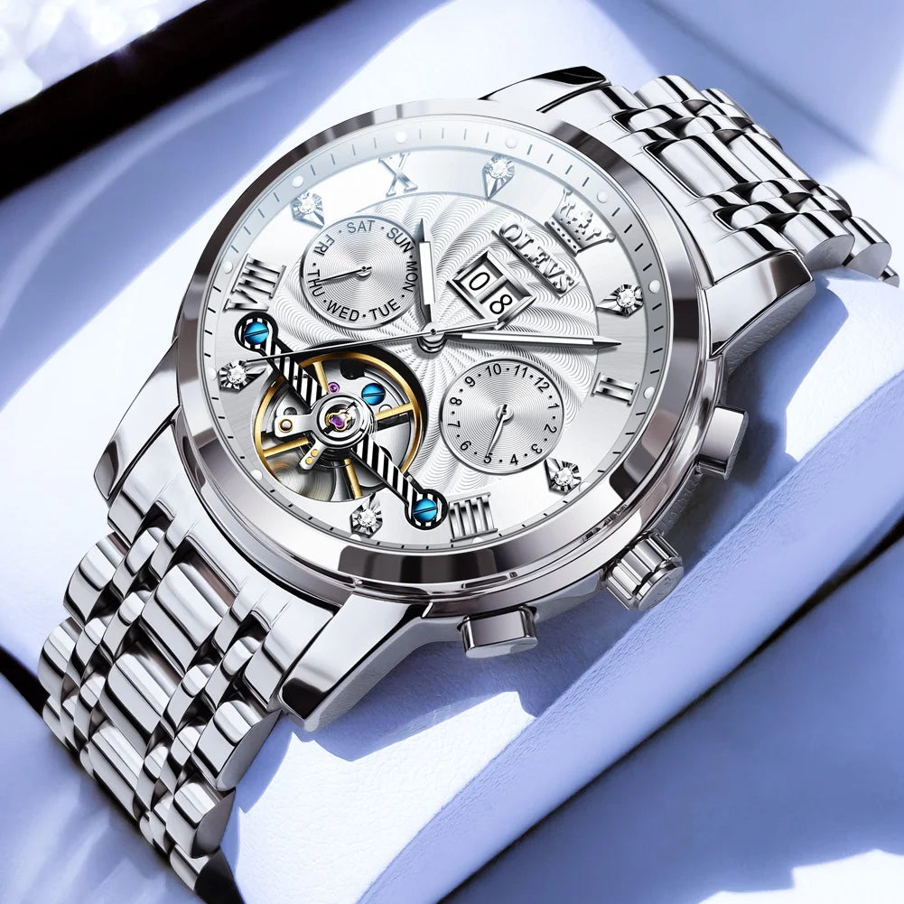 OLEVS Men's Watches 9910 Luxury Fashion Original Automatic Mechanical Watch for Man Waterproof Luminous Hollowed Out Movement