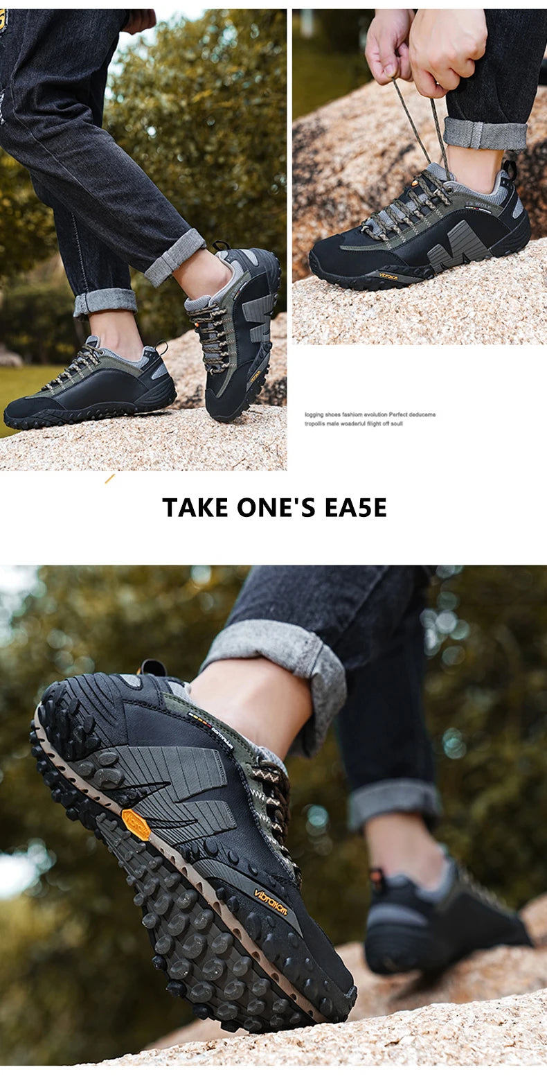 Sapatos de montanhismo para homem em couro genuíno, calçado desportivo outdoor antiderrapante, sapatos de montanhismo e caminhada respiráveis para turismo