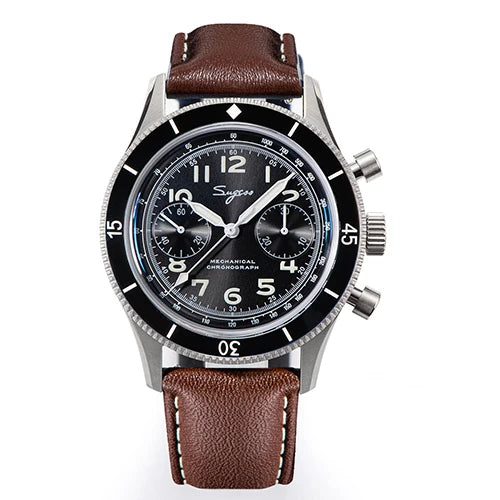 Sugess Pilot Watch Handwind Chronograph Mechanical Wristwatches Luminous Skeleton Men Watches Crystal Sapphire Leather New 2022