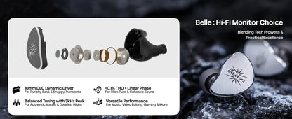 Linsoul Kiwi Ears Belle 10mm DLC Dynamic Driver IEM Hifi Earphones with Precision Meets Exciting Sound Signature