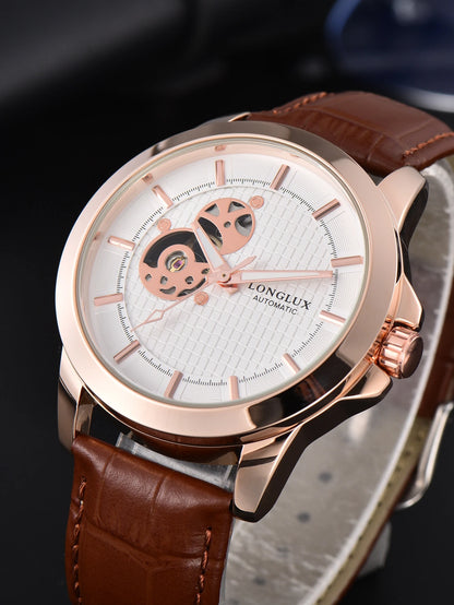 Automatic Watch Minimalist Elegant Everyday Skeleton Waterproof Mechanical Watches Rose Gold Leather Mens Watch Men Gift for Him