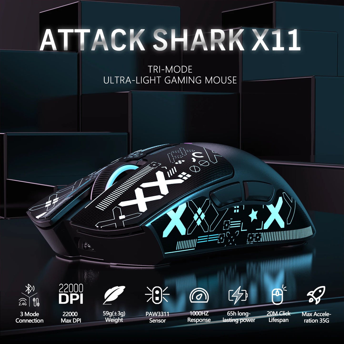 ATTACK SHARK X11 bežični gaming miš s punjačem, gaming senzorom PixArt PAW3311, BT/2.4G bežično/žično