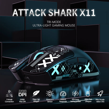 ATTACK SHARK X11 bežični gaming miš s punjačem, gaming senzorom PixArt PAW3311, BT/2.4G bežično/žično
