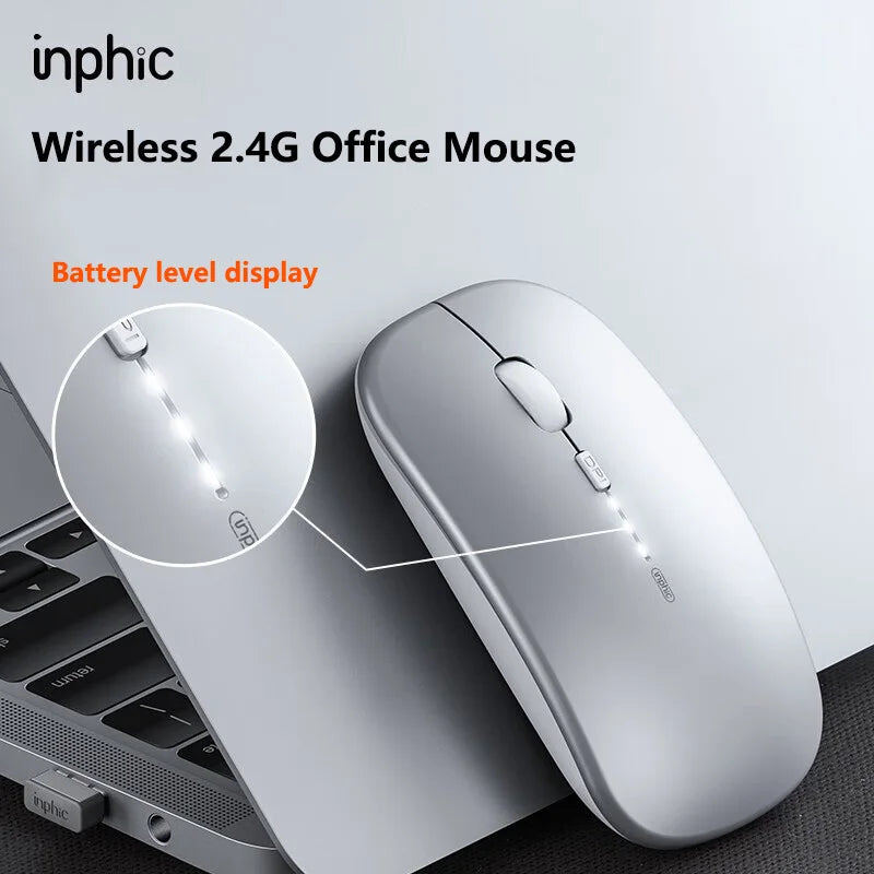 Inphic M1P langaton hiljainen toimistohiiri, erittäin ohut ja kannettava, USB-liitäntä, akun varaustason näyttö, TYPE-C-lataus