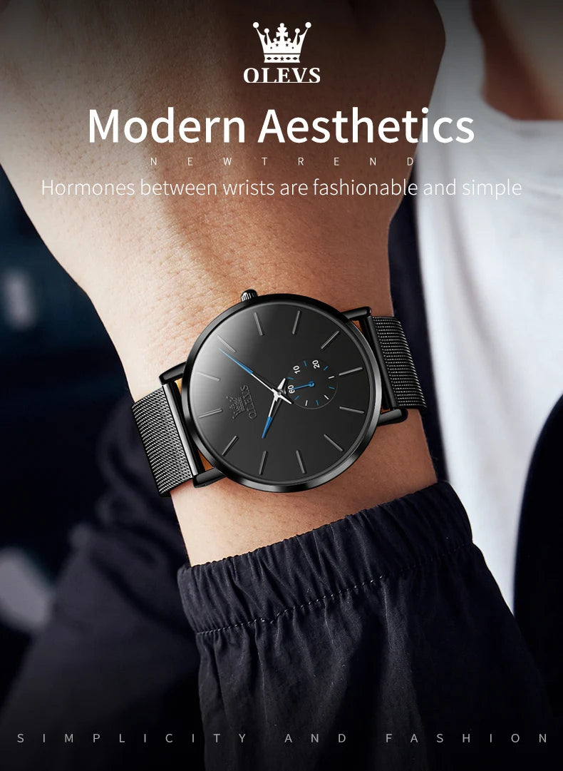 OLEVS 9954 Fashion Men's Watches Minimalism Ultrathin Original Quartz Wristwatch Waterproof Watch for Man Luminous Casual Mesh