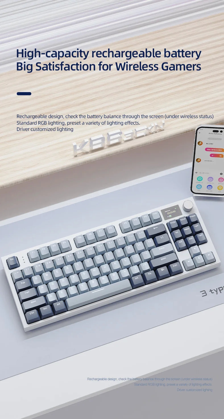 Teclado mecânico ATTACK SHARK K86 com botão metálico, ecrã TFT inteligente a cores, layout de 87 teclas, iluminação RGB e ligação trimodo