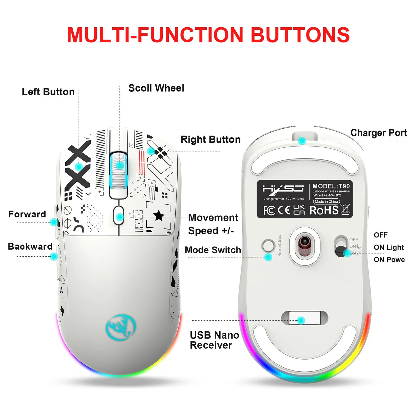 3 režimų „Bluetooth“ žaidimų pelė, įkraunama, 2.4G USB belaidė RGB apšvietimo pelė, skirta „iPad“, planšetiniam kompiuteriui, nešiojamajam kompiuteriui ir kompiuteriui