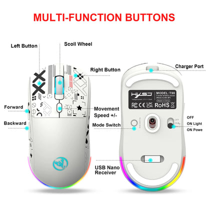 3 režimų „Bluetooth“ žaidimų pelė, įkraunama, 2.4G USB belaidė RGB apšvietimo pelė, skirta „iPad“, planšetiniam kompiuteriui, nešiojamajam kompiuteriui ir kompiuteriui