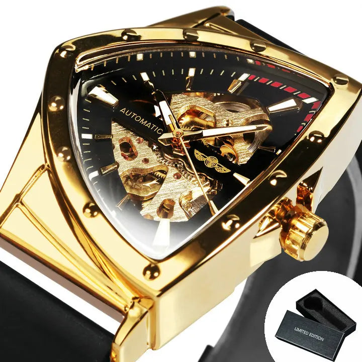 WINNER automatisch herenhorloge, driehoekig skeletontwerp, lichtgevende wijzers, rubberen band, militaire stijl, luxe mechanisch horloge