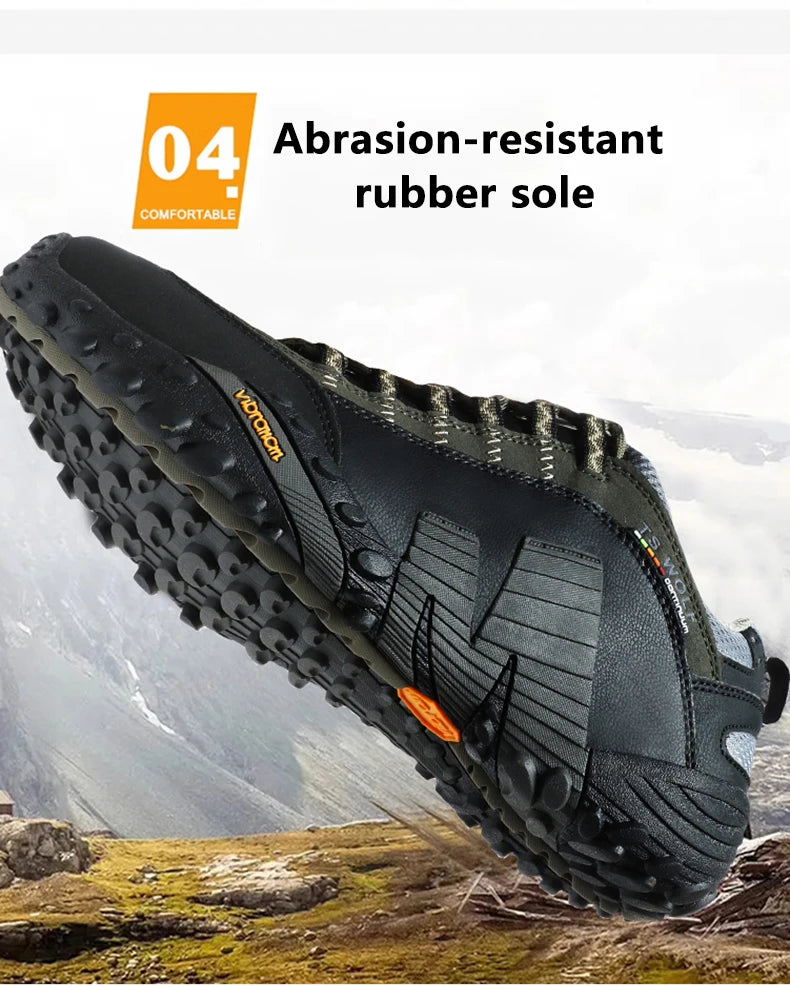 Sapatos de montanhismo para homem em couro genuíno, calçado desportivo outdoor antiderrapante, sapatos de montanhismo e caminhada respiráveis para turismo