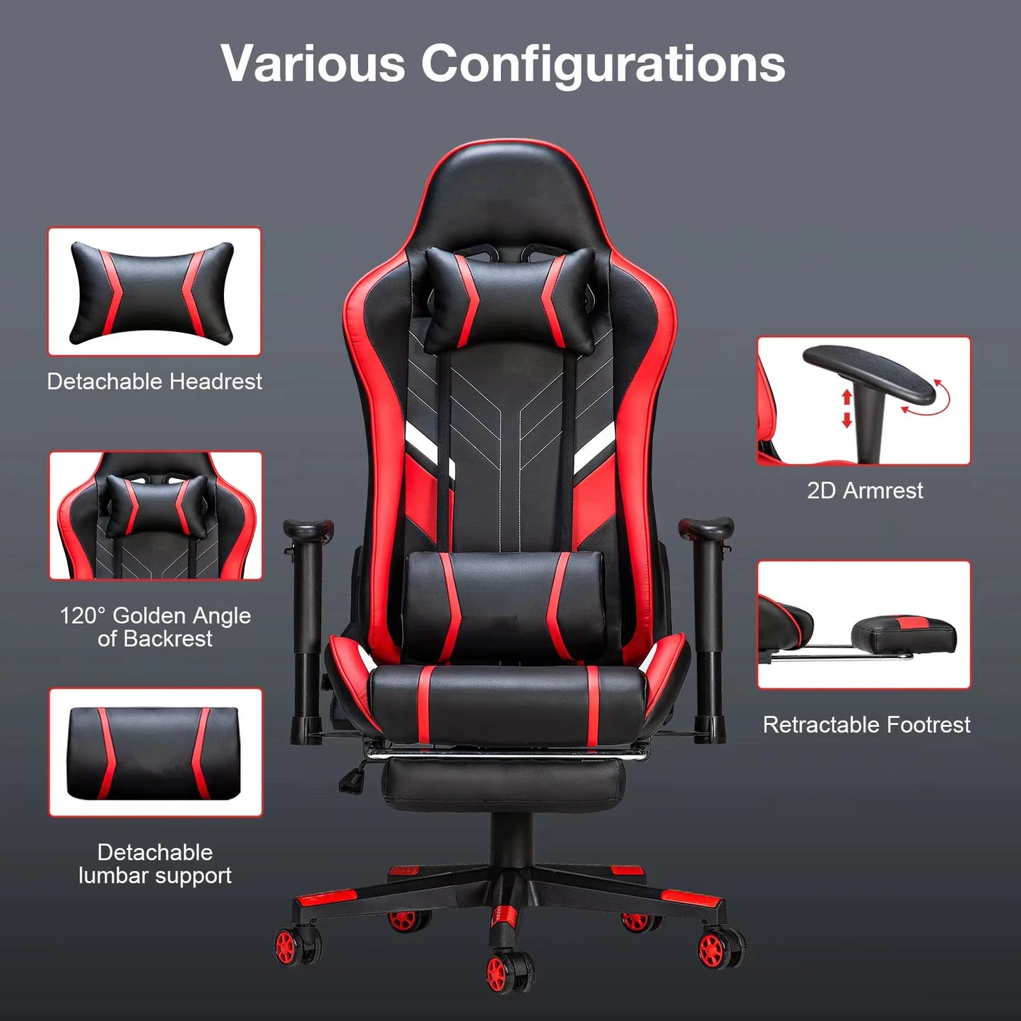 Massage Gaming Chair 7-Point Adjustable Seat Height Ergonomic Office Chair with Footrest and Lumbar Support GC-RC03 Chairs