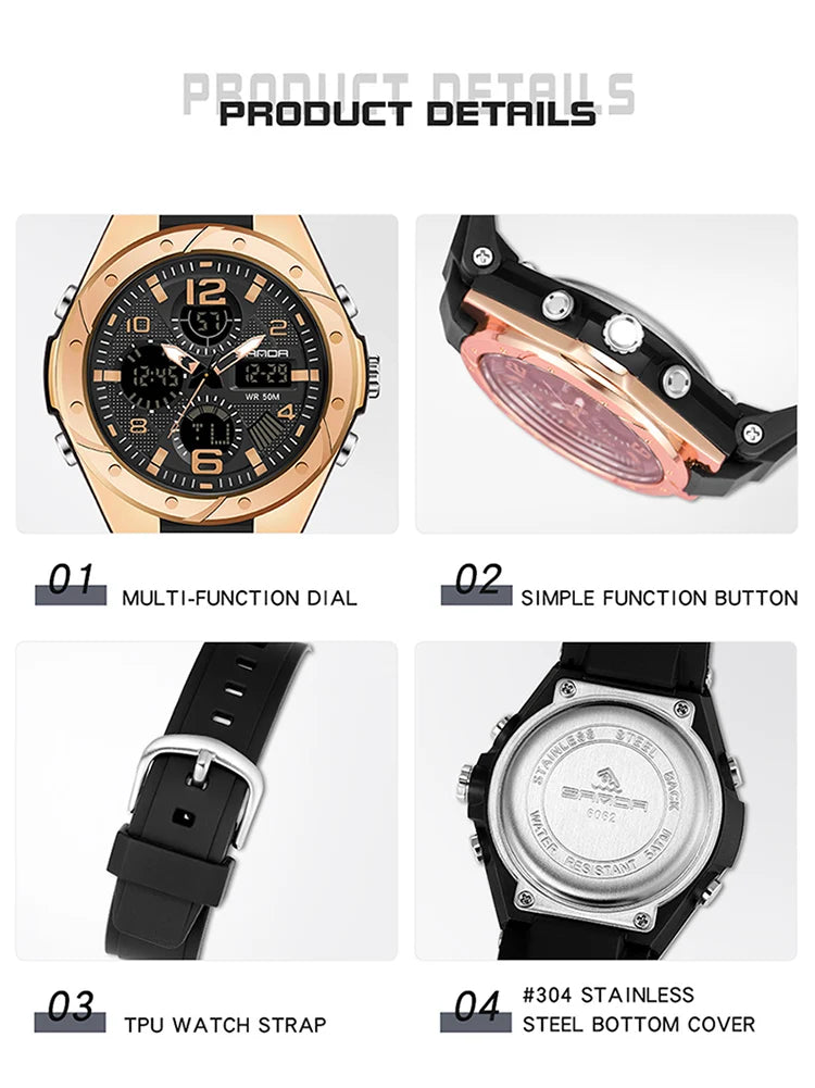 SANDA Top Brand New Lady Luxury Ms LED Digital Sport Watch Leisure Fashion Quartz Watch Women Girl Military 50M Waterproof Watch