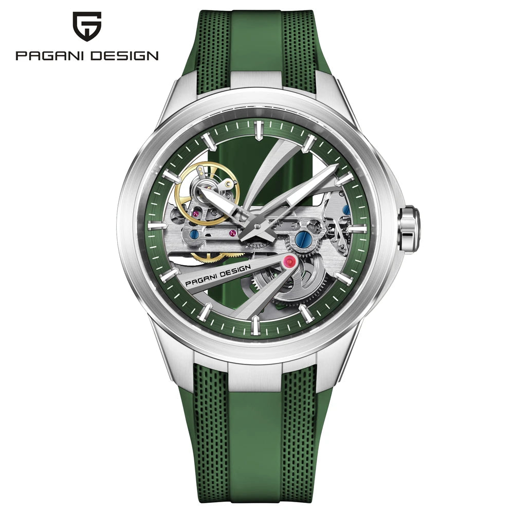 Herrenuhr von PAGANI DESIGN – Mechanisches Luxusuhrwerk mit Automatikaufzug, „Skelett“-Ausführung (mit offenem Herz), ausgestattet mit einem Tourbillon, Saphirglas mit Antireflexbeschichtung, wasserdicht und leuchtend.
