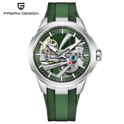 Herrenuhr von PAGANI DESIGN – Mechanisches Luxusuhrwerk mit Automatikaufzug, „Skelett“-Ausführung (mit offenem Herz), ausgestattet mit einem Tourbillon, Saphirglas mit Antireflexbeschichtung, wasserdicht und leuchtend.