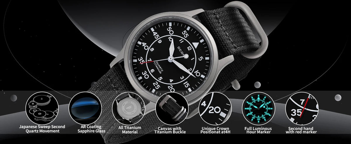 BERNY Titanium Watch For Men AR Coating Sapphire Fashion Wristwatch Luminous VH31 Ultra-thin Quartz Watch Waterproof 5ATM Watch