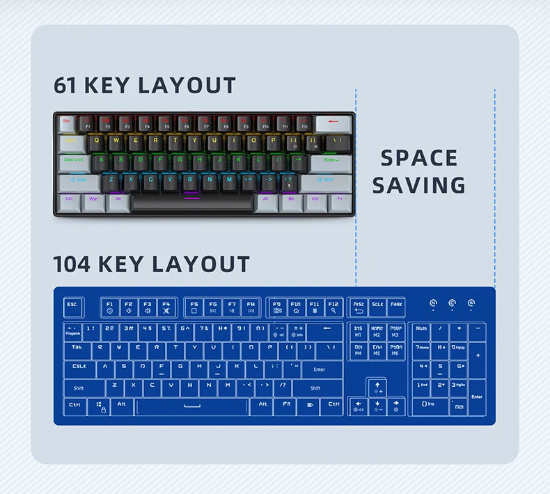 Teclado mecánico mini APAYADO K61, con cable, 61 teclas, Phantom RGB, negro/blanco, interruptor mecánico rojo/azul para gaming, portátil 60%