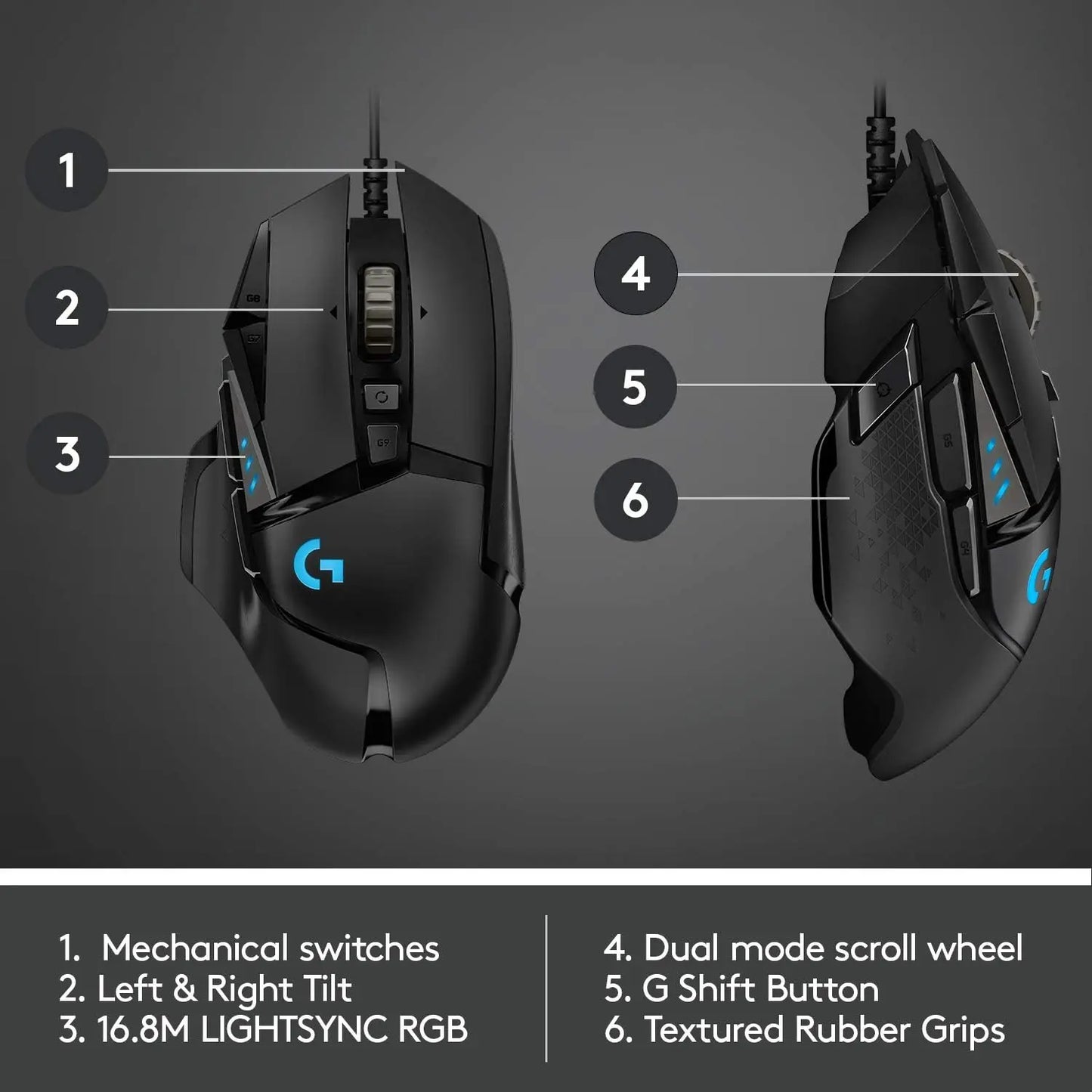 Logitech G502 HERO nagy teljesítményű vezetékes gamer egér HERO 25K érzékelővel, 25,600 DPI, RGB, állítható súlyok, 11 gomb, PC/Mac egér