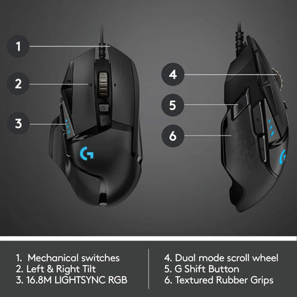 Logitech G502 HERO nagy teljesítményű vezetékes gamer egér HERO 25K érzékelővel, 25,600 DPI, RGB, állítható súlyok, 11 gomb, PC/Mac egér