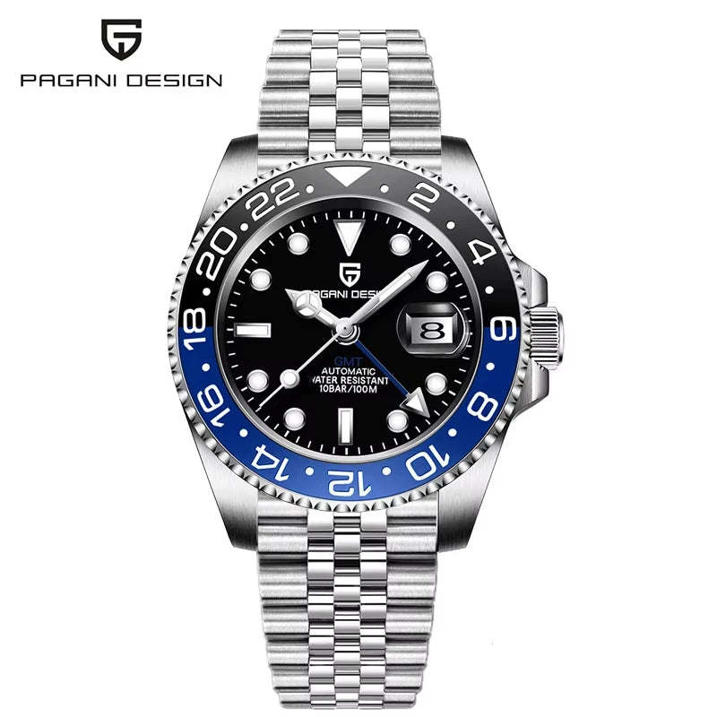 PAGANI DESIGN 40mm GMT Men's Mechanical Watches Rubber Strap Rotating Bezel 100 Waterproof Sports Wristwatch Mens Business Clock