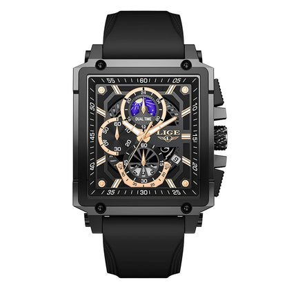 New LIGE Mens Watches Top Brand Luxury Hollow Square Sport Watch For Men Fashion Silicone Strap Waterproof Quartz WristWatch+Box