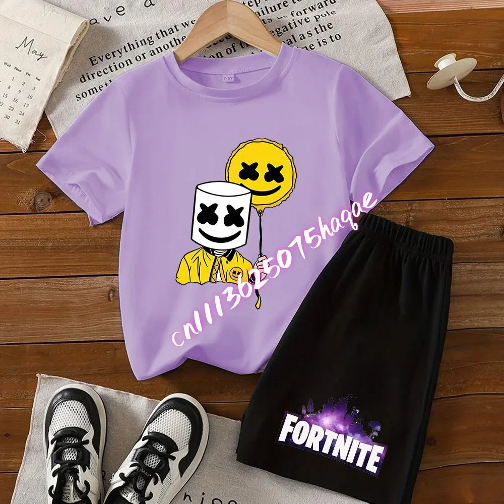 Summer FortnitesT-shirt Shorts for Boys Girl Tee Pants Set 2pcs Children Clothing Tops T-shirts Fortress Night Print Tees Gift