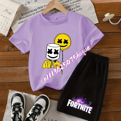 Summer FortnitesT-shirt Shorts for Boys Girl Tee Pants Set 2pcs Children Clothing Tops T-shirts Fortress Night Print Tees Gift