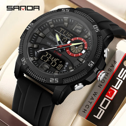 SANDA Fashion Luxury Men's Watches Dual Digital Display Sport Analog Quartz Man Wristwatch Casual Waterproof Silica Chronograph
