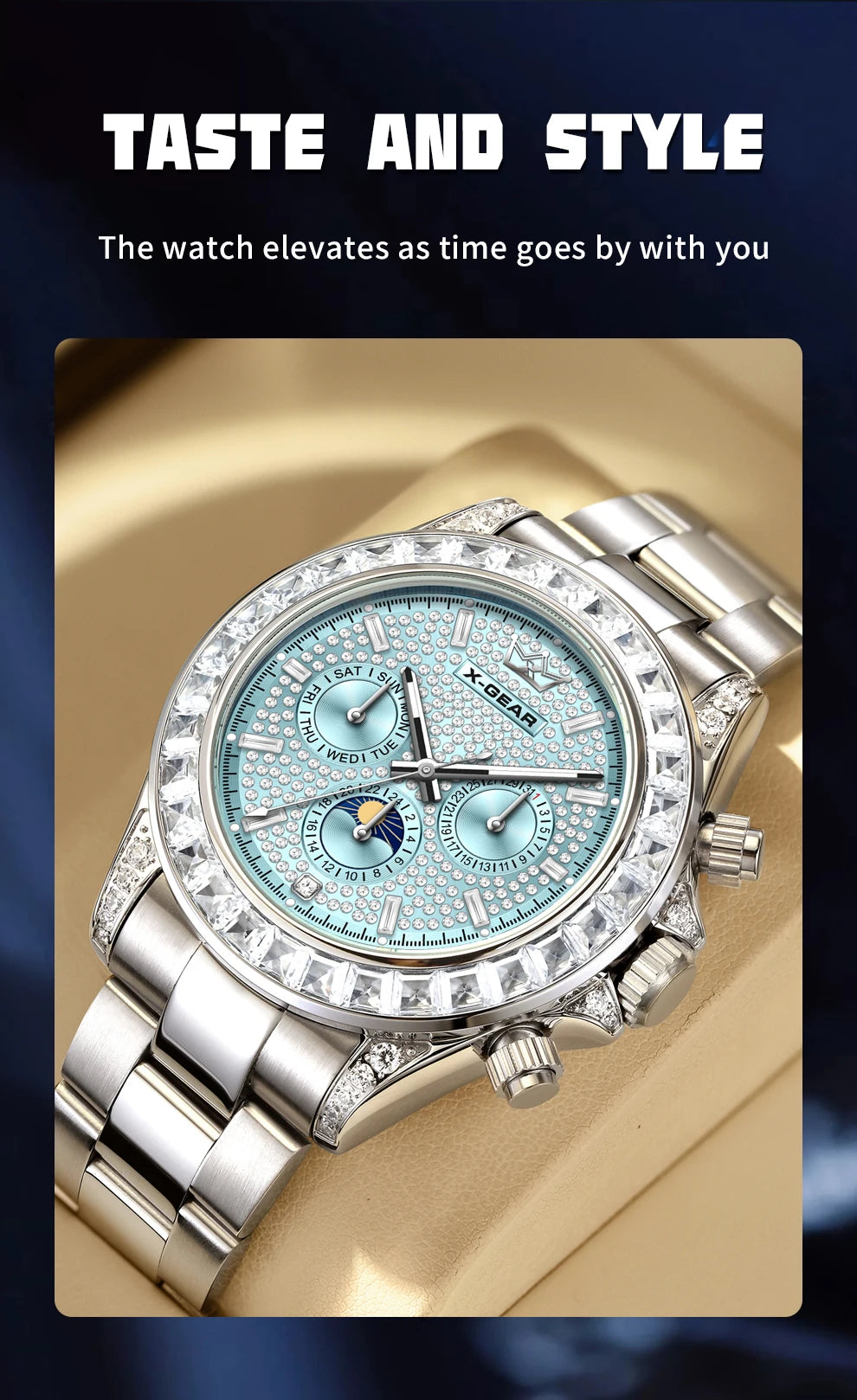 X-GEAR Men's Watch Automatic Mechanical with Diamond Dial Luminous Moon Phase Water-Resistant