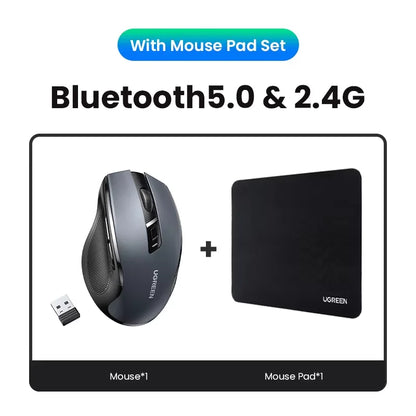 Mouse wireless UGREEN Bluetooth 5.0 ergonomico 4000DPI con 6 pulsanti silenziosi per MacBook, tablet, laptop, computer e PC, mouse 2.4G