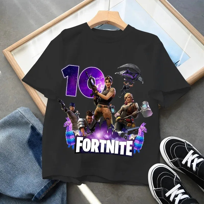 Dziecięca koszulka urodzinowa Fortnites z numerem dla dziewczynek i chłopców, letnia bawełniana koszulka dla niemowląt, imprezowy top z krótkim rękawem, prezent dla malucha