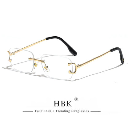 HBK Retro Rimless Sunglasses For Women Men Small Square Gold Frame Brand Design Tea Shades Rectangle UV400 Zonnebril Eyewear