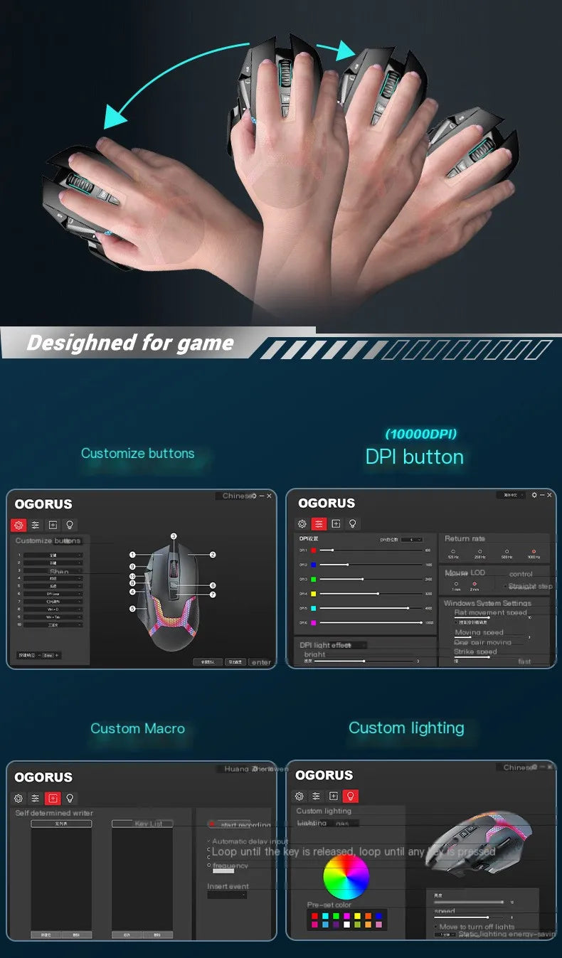 Ratón gaming con cable, 12000 DPI ajustables, programación de macros, retroiluminación RGB, diseño ergonómico y tecla de disparo para e-sports, ratón para PC