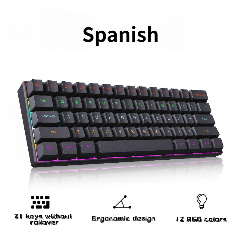 H61K USB-Type C Wired Mechanical Keyboard Red Switch RGB Backlit 61 Keys English Spanish Wired Keyboard for Game Office