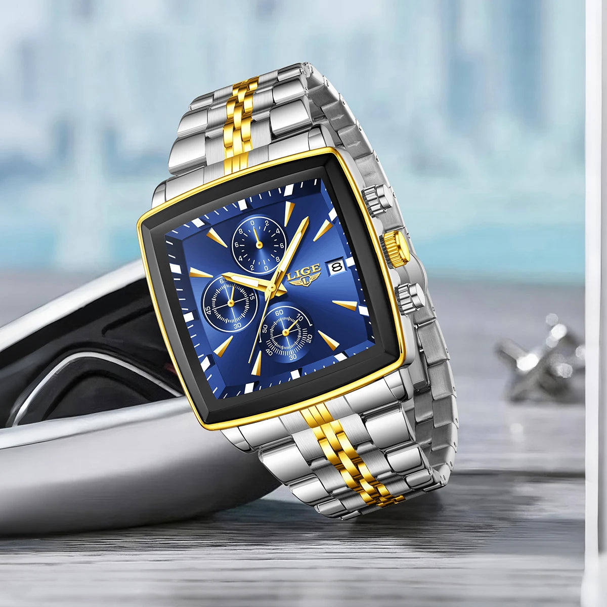 LIGE luxe herenhorloges, vierkant model, klassieke en trendy stijl, van roestvrij staal, waterdicht, sportief en casual, met quartz uurwerk.