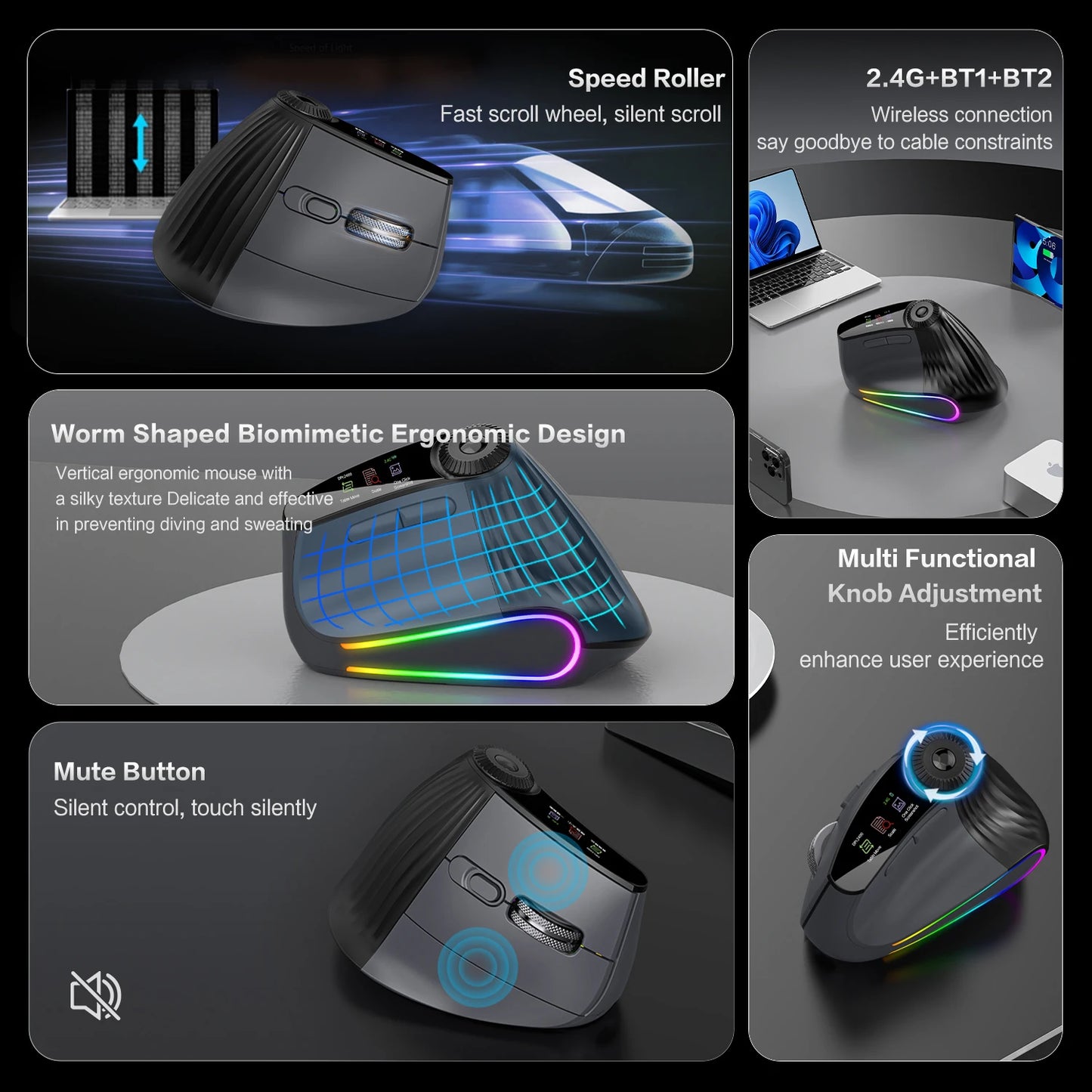 Jomaa RGB podświetlana bezprzewodowa pionowa mysz Speed Roller z pokrętłem regulacji funkcji, Bluetooth USB, ergonomiczna, ciche kliknięcie