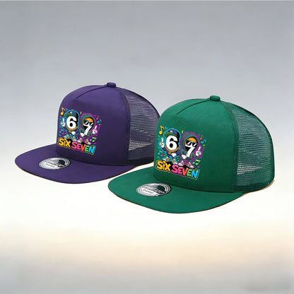 1/2PC Y2KSixSeven flat top truck driver hat, hip-hop cartoon print, breathable mesh, streetwear aesthetic hat