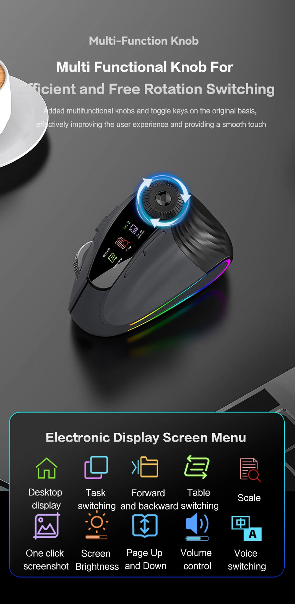 Jomaa RGB podświetlana bezprzewodowa pionowa mysz Speed Roller z pokrętłem regulacji funkcji, Bluetooth USB, ergonomiczna, ciche kliknięcie
