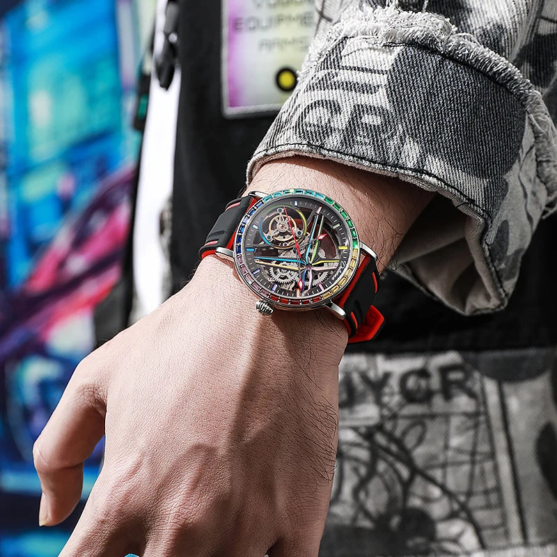 Reloj esqueleto para hombre, de estilo moderno, adornado con piedras preciosas de los colores del arcoíris y dotado de un tourbillon; reloj mecánico automático de lujo, hermético hasta 30 metros.