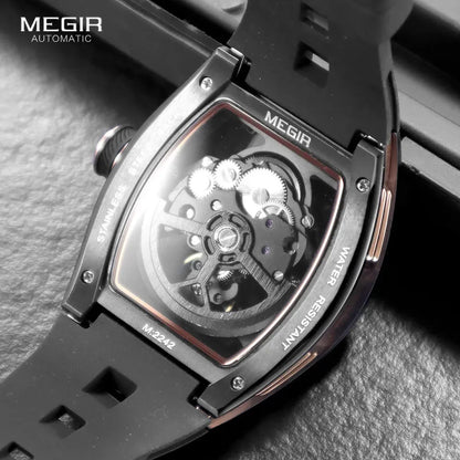 MEGIR Automatic Wristwatch Men Fashion Black Silicone Strap Wateproof Luminous Sport Mechanical Watch with Tonneau Dial 2242