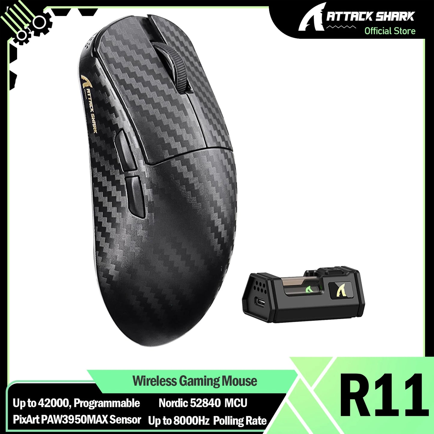 ATTACK SHARK R11 ULTRA 49g Carbon Fiber 8000Hz Ασύρματο Gaming Ποντίκι, 42000 DPI, 20000 FPS, PAW3950MAX, Nordic 52840 Chip