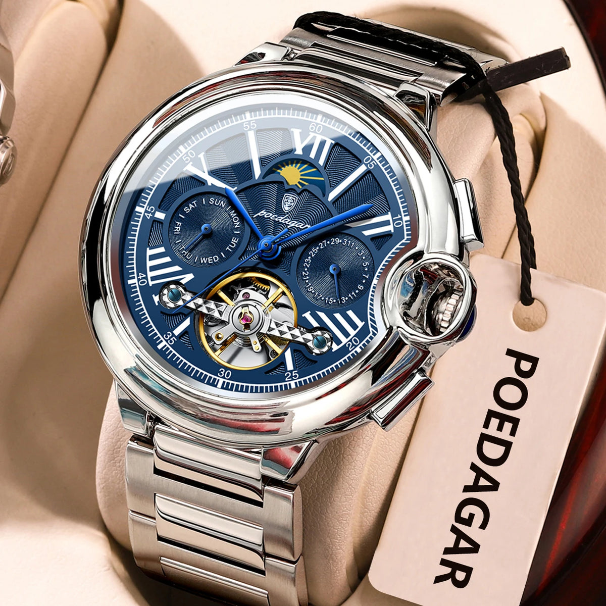 Relógio de homem POEDAGAR, estilo luxuoso e profissional, com indicação da data e do dia, turbilhão, caixa em aço inoxidável, movimento mecânico automático e resistência à água.