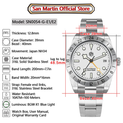 San Martin Nuevo reloj mecánico automático NH34 BB GMT de 39mm, reloj deportivo de zafiro, luminoso, impermeable 100m para hombre, Relogio SN0054