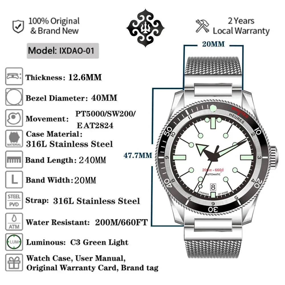 IX&DAO IPOSE Watch 5303 ETA-2824 Movement Automatic Mechanical GMT Sport Retro Diving Casual Dress 200m Waterproof Men Watches