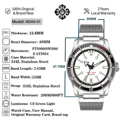IX&DAO IPOSE Watch 5303 ETA-2824 Movement Automatic Mechanical GMT Sport Retro Diving Casual Dress 200m Waterproof Men Watches