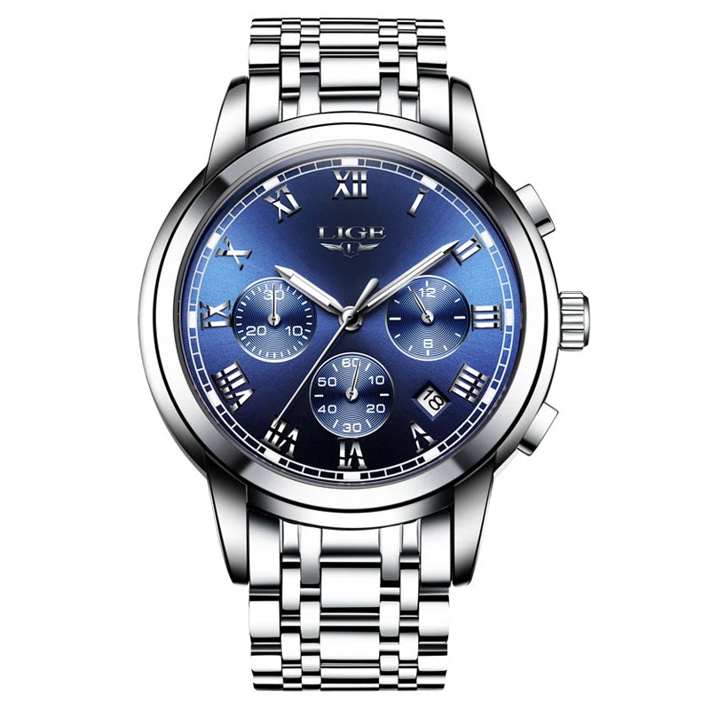 Pánske hodinky LIGE – luxusný chronograf, ležérny športový štýl, vodotesné, celokovové, quartzový strojček