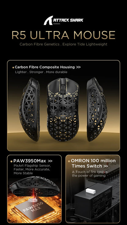 ATTACK SHARK R5 ULTRA Wireless Gaming Mouse - 8K Polling,PAW3950MAX Sensor,42,000 DPI,Carbon Fiber Ultra-Light for Pro Esport