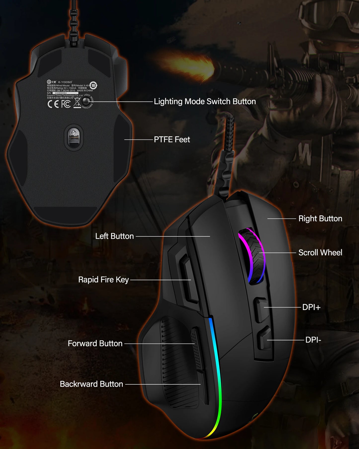 E-YOOSO X49 žični gaming miš, podesivih 12400 DPI, RGB pozadinsko osvjetljenje, 8 programabilnih tipki, ergonomski gamerski miš za PC i prijenosno računalo