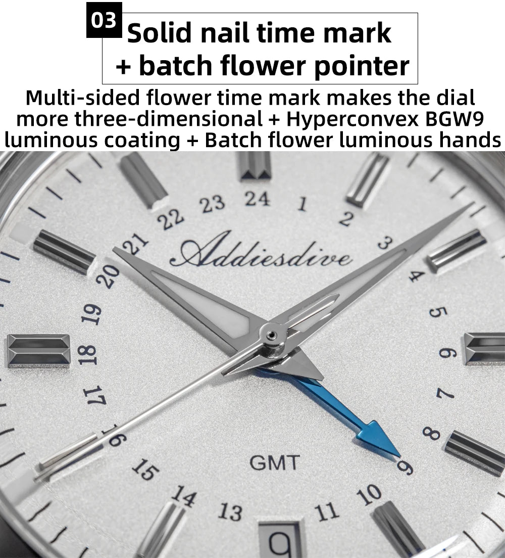 ADDIESDIVE 36mm Men's Analog Watch GMT 515-24H Watch BGW9 Luminous 100m Waterproof Stainless Steel Men's Quartz Watches AD2065