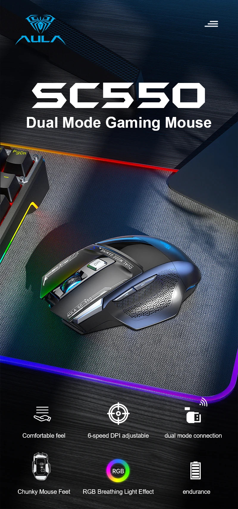 Mysz gamingowa AULA SC550 2.4G, bezprzewodowa mysz z makrami, podświetleniem RGB i ergonomiczną konstrukcją, mysz e-sportowa, akcesoria do PC